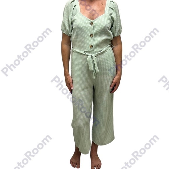 Monteau Anthropologie | Polka Dot Jumpsuit Button Up Bubble Sleeveless Mint G… - Picture 8 of 9